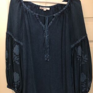 Blue 3/4 Sleeve Tie Front Blouse with Relaxed Fit